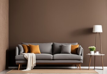gray sofa in brown living room with copy room