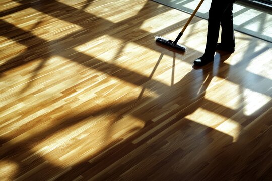 A janitor using a mop to clean a bright hardwood floor, highlighting the smooth surface and natural light in a contemporary setting
