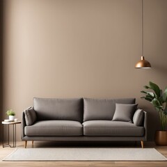 gray sofa in brown living room with copy room