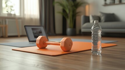 A fitness setup featuring a dumbbell, water bottle, and laptop on exercise mats.