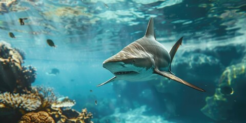 Fototapeta premium Underwater view of a sandbar shark Carcharhinus plumbeus in the sea