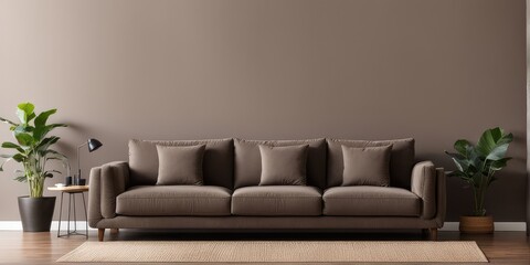 gray sofa in brown living room with copy room