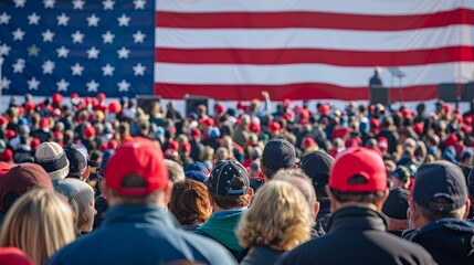 A large crowd wearing red hats gathers in front of an American flag backdrop at an event.