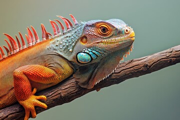 Fototapeta premium A vibrant iguana rests on a branch, displaying its vivid colors and intricate scales against a soft, blurred background in natural light
