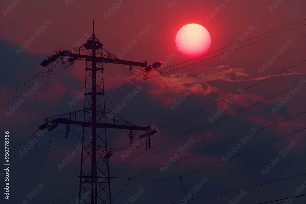 Poster sunset behind power lines with a warm glow