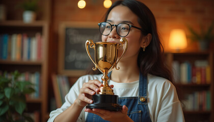 A dedicated teacher receiving a prestigious trophy or award in recognition of their exceptional dedication and hard work on Teachers' Day