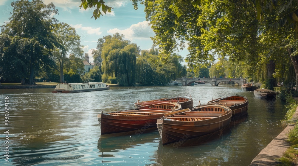 Poster a group of boats floating on the surface of a river