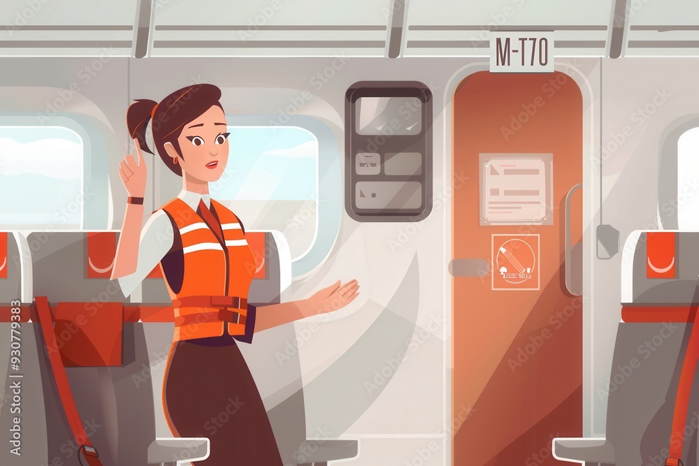 Poster a flight attendant is showing safety protocols while standing inside the airplane cabin, ensuring pa