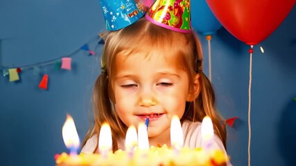 Young girl blowing out birthday candles at festive party