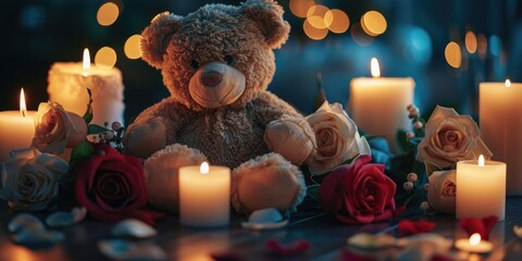 Teddy Bear Roses and Lit Candles Profound Mourning at a Funeral for Deceased Babies and Children Sympathy Card for Accidental Child Deaths Copy Space Available
