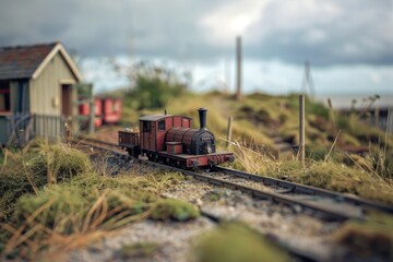 A toy train on a track near a small building, ideal for illustrations and designs