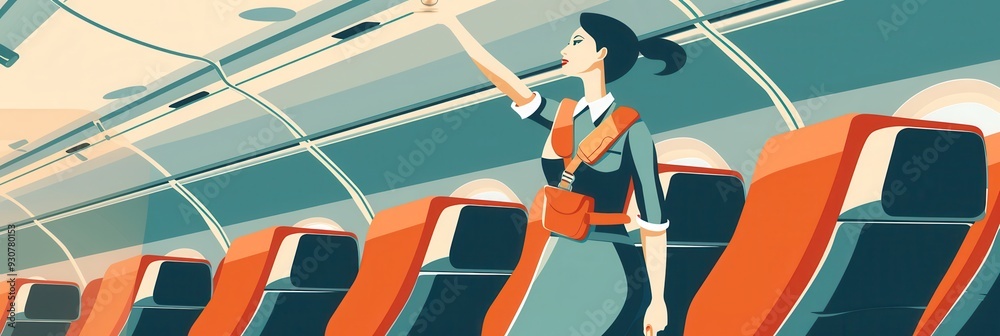 Poster A flight attendant is providing safety instructions to passengers while standing in an airplane cabin filled with empty seats. Generative AI