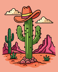 A cactus adorned with a cowboy hat standing in the desert under clear skies