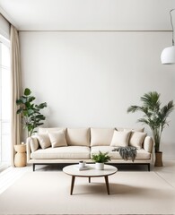 Beige sofa in the white living room with copy room