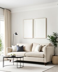 Beige sofa in the white living room with copy room