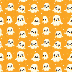 Fototapeta premium Seamless Pattern of Cute Cartoon Ghosts on Orange Background for Halloween