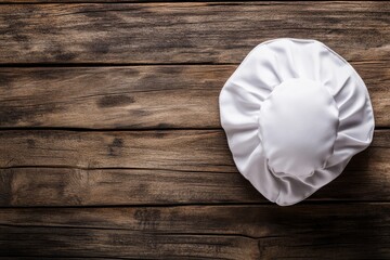 A neatly placed white chef's hat sits atop a rustic wooden table, inviting culinary creativity and showcasing a tranquil workspace for cooking enthusiasts