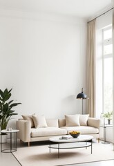 Beige sofa in the white living room with copy room