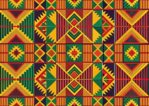 Vibrant colorful kente cloth pattern in vector format, featuring traditional African geometric shapes and bold lines, perfect for cultural and heritage-related designs.