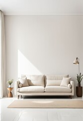 Beige sofa in the white living room with copy room