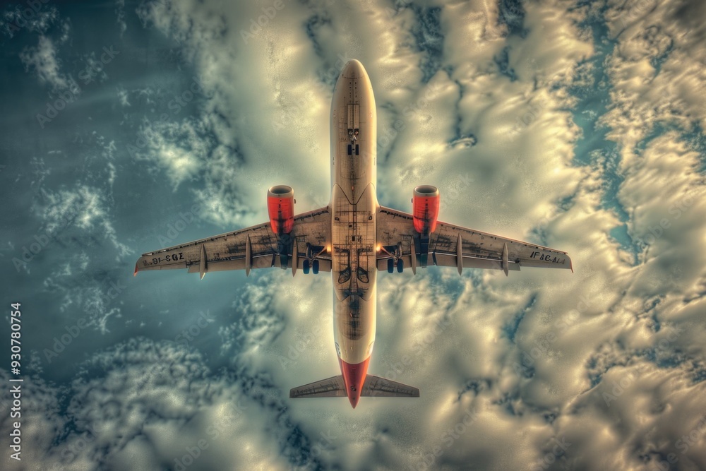 Poster a large commercial airliner flies through a cloudy atmosphere, ideal for use in aviation-related con