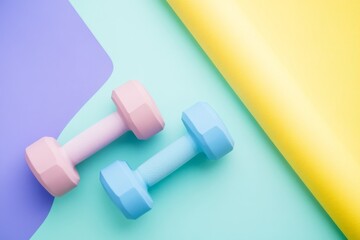 Two pastel-colored dumbbells rest next to a rolled-up yoga mat on a colorful backdrop, inviting a fun and active workout experience