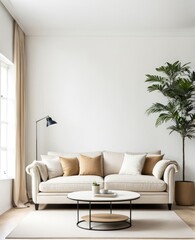 Beige sofa in the white living room with copy room