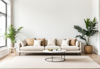 Beige sofa in the white living room with copy room