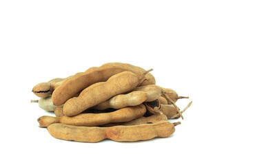 Closeup of Ripe Tamarind Heap  Isolated on White Background with Copy Space