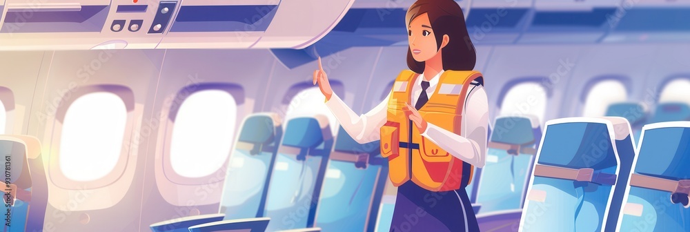 Poster the flight attendant provides a safety demonstration to passengers seated in the airplane cabin, ens