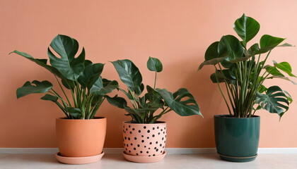 Fototapeta premium Philodendron Pink Princess in an elegant pot, dark green leaves c, simple white pot