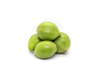 Raw Mahua Fruit or Madhuca Longifolia Fruit Isolated on White Background with Copy Space, Also Known as Kochra, Butter Tree Fruit or Mahwa