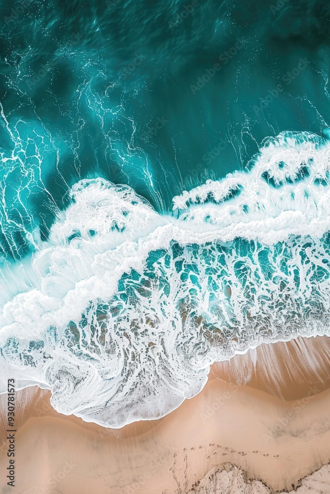 Poster aerial view of a beach with waves, suitable for use in travel or tourism-related projects