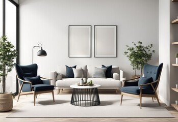 Fototapeta premium 3d rendering of framed mockup of apartment interior with chairs and decorations