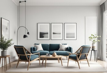 3d rendering of framed mockup of apartment interior with chairs and decorations