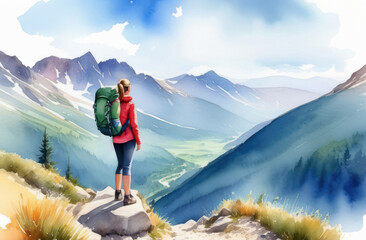 Naklejka premium watercolor illustration of tourist hiking in mountains on trail, wild nature vacation