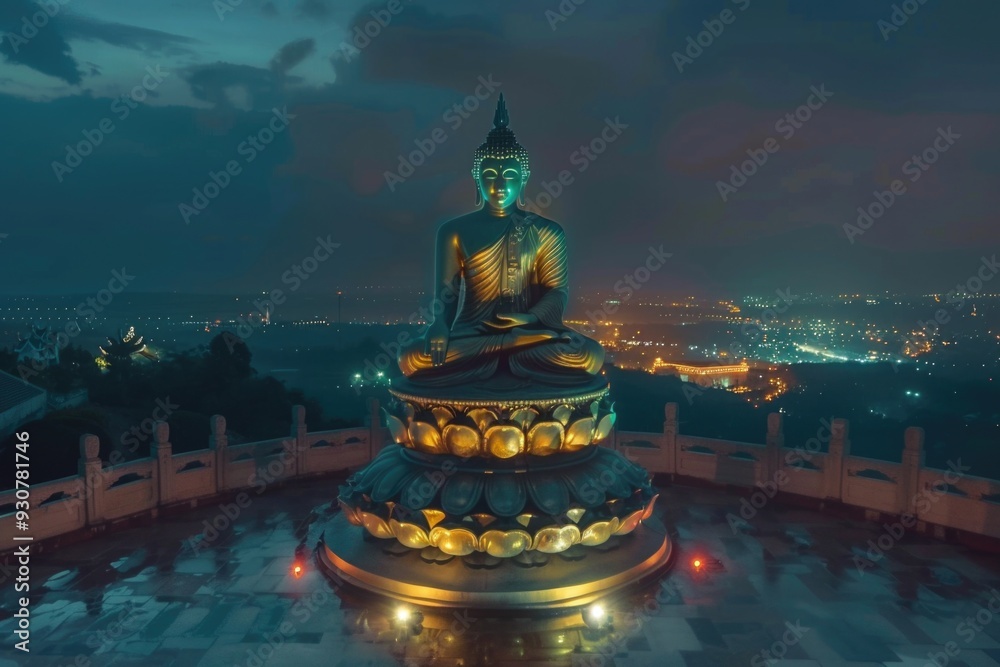 Poster a statue sits atop a building with city views