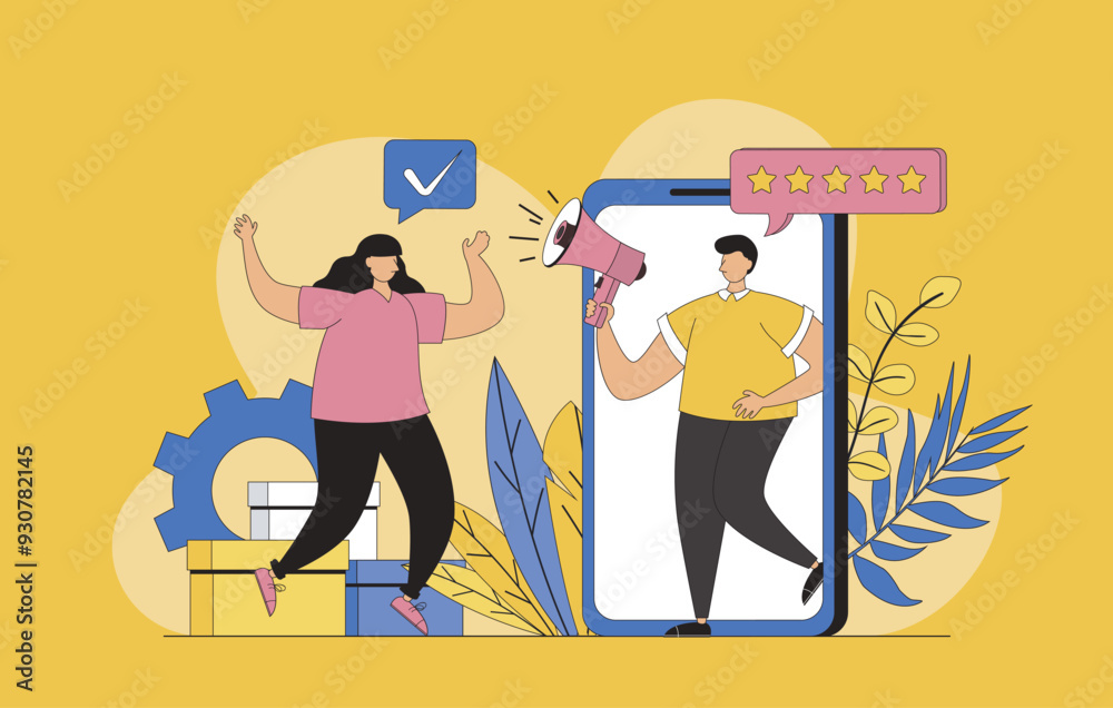 Aufkleber mobile marketing concept with modern flat design for web. marketer with megaphone making advertising