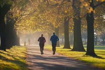Obraz premium A middle-aged couple jogs together in a serene park, enjoying the sunshine and vibrant trees during a refreshing morning workout