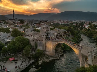 Bosnia and Herzegovina - Mostar city is the most popular tourist attraction with the famous old bridge with drone photo