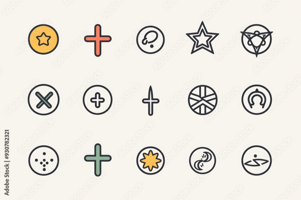 Poster various symbols and shapes on a white background