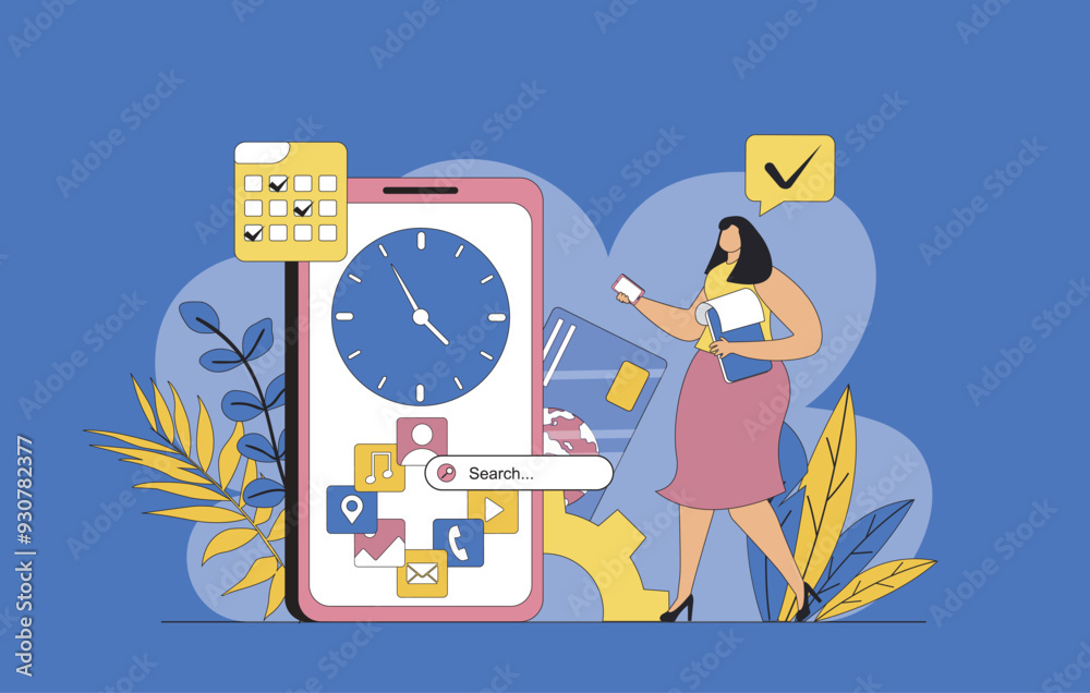 Poster mobile organizer concept with modern flat design for web. woman organizes time and tasks in app, mar