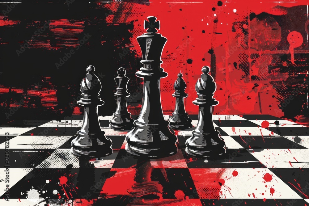 Poster a classic chess set on a bold red background