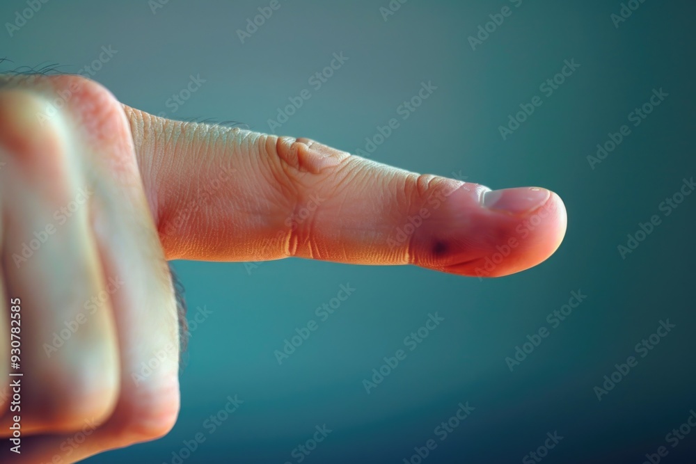 Poster a close-up view of a person's finger pointing at something, suitable for illustrating attention or d