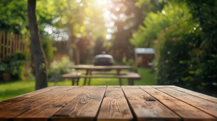 Empty wooden table top on blurred background with green lawn, barbecue grill, bench and flowers in backyard of private home. Place for product placement. Generated AI