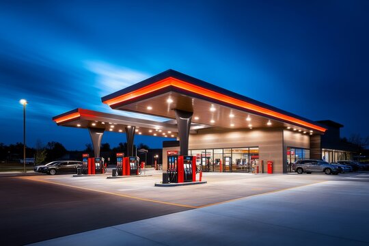 A sleek gas station features multiple fuel pumps glowing brightly under even lighting during twilight, inviting customers for refueling and convenience