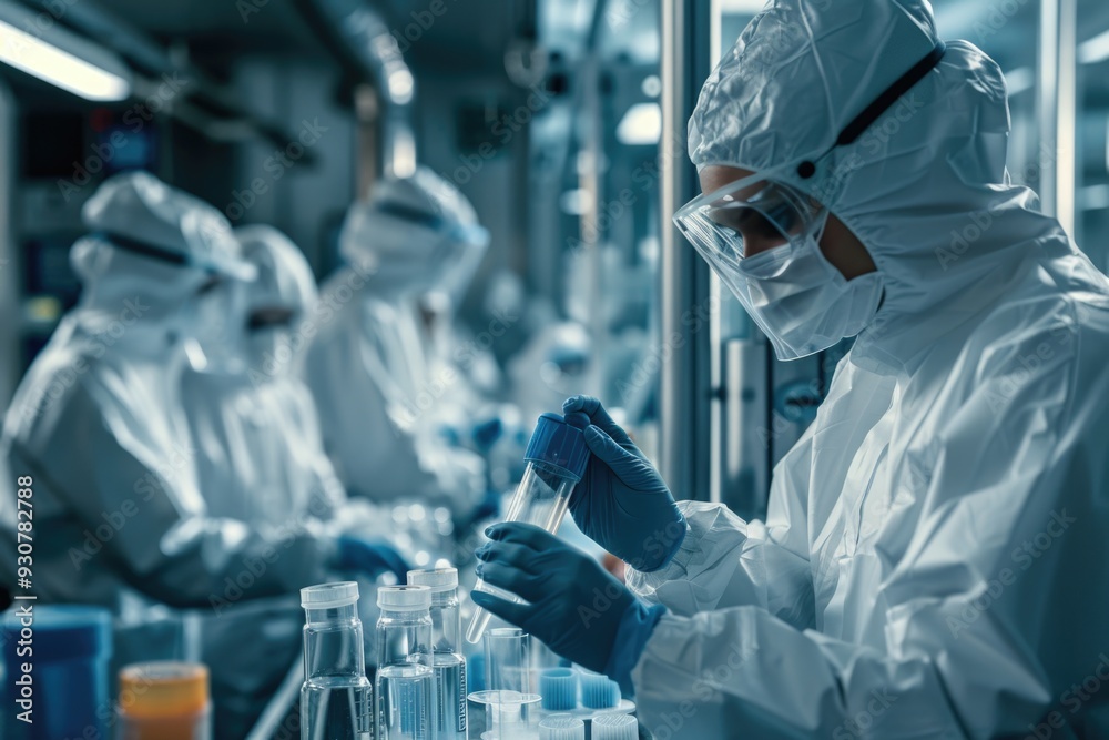 Poster A group of people working together in a laboratory setting with various equipment and experiments