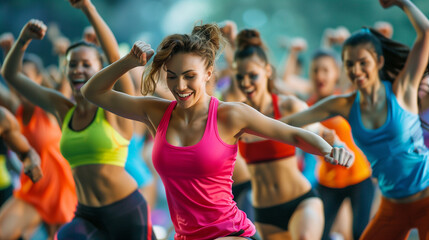 Naklejka na ściany i meble group of young women in sportswear practicing aerobics, zumba