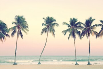 Tall coconut trees sway softly along the coastline, framing a serene horizon as the sun sets over gentle waves lapping the shore