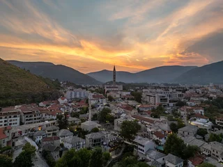 Bosnia and Herzegovina - Mostar city is the most popular tourist attraction with the famous old bridge with drone photo